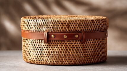 Round woven box with a brown leather strap.