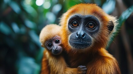 Obraz premium Close-up of mother and baby monkey