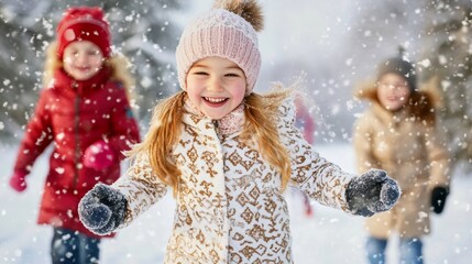 Joyful Children Playing in Snowy Landscape, Warmly Dressed Kids Enjoying Winter Activities Outdoors