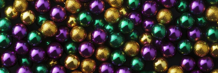 Mardi Gras Green. Purple, Gold, and Green Beads and Masks Holiday Background