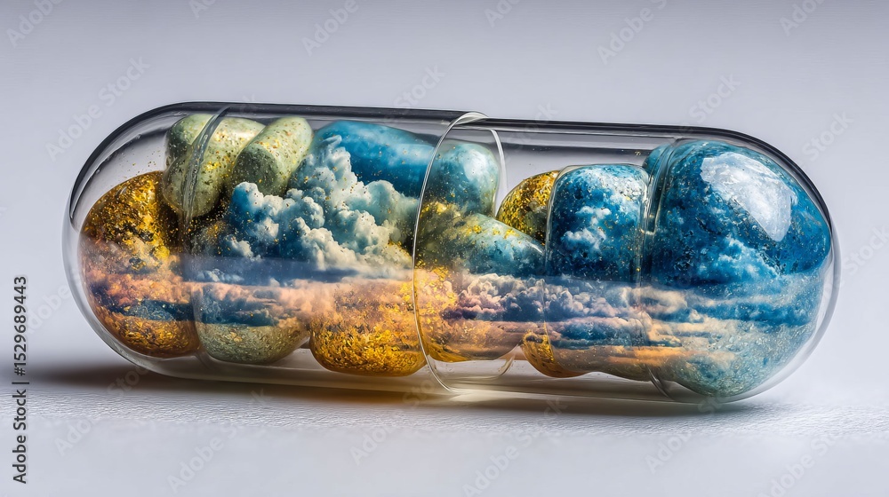 Poster a pill is in a glass container with a cloudy sky and gold and blue rocks. the pill is surrounded by 