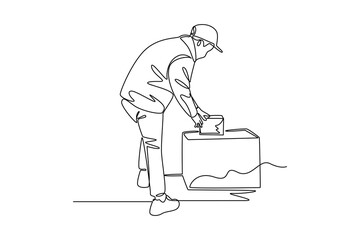one continuous line draw of a courier deliver his package. Courier activity minimalist concept. Delivery at simple line design.