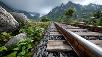 Fototapeta premium A serene and surreal scene of train tracks surrounded by lush greenery and mountains