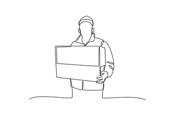 Delivery courier man carries the box. Safe delivery of goods concept. 3d vector people character illustration. Cartoon minimal style.