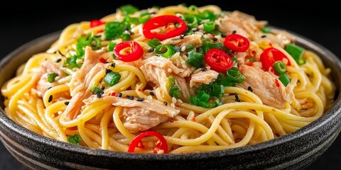 Close-Up of Delicious Asian Noodles with Chicken and Fresh Vegetables in a Traditional Dark Bowl