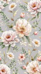 Fototapeta premium Delicate floral motifs blend harmoniously with a soft light grey background