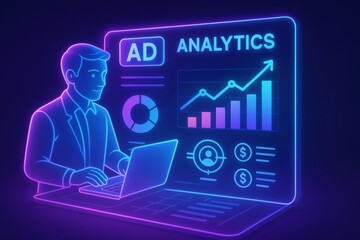 Person working laptop with digital analytics charts and graphs