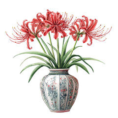 A Spider Lily In A Vase, watercolor illustration vector, high quality, isolated on a white background.