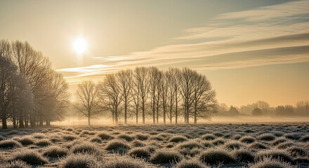 Golden Hour Frost: Serene Winter Landscape Bathed in Soft Sunlight, with Bare Trees and Sparkling Icy Grass, Evoking Tranquility and Natural Beauty