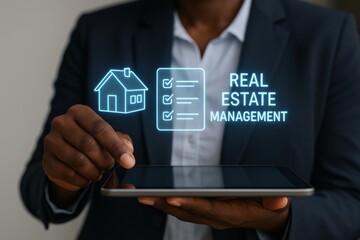 Person business suit using digital tablet with real estate