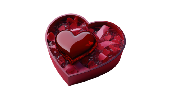 Heart shaped box with red ribbon and gift decoration isolated on white background