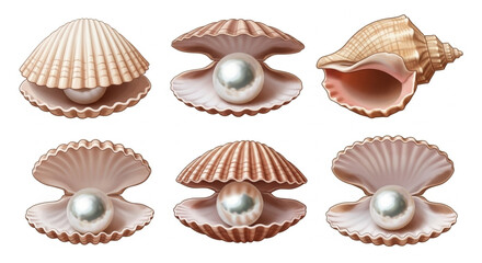 Cartoon Natural Open Pearl Sea Shells Vector Illustration Set