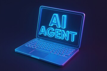 Digital illustration of laptop with neon glow, displaying words AI