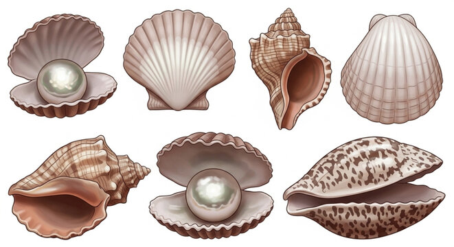  Isolated natural open pearl sea shells set vector illustration