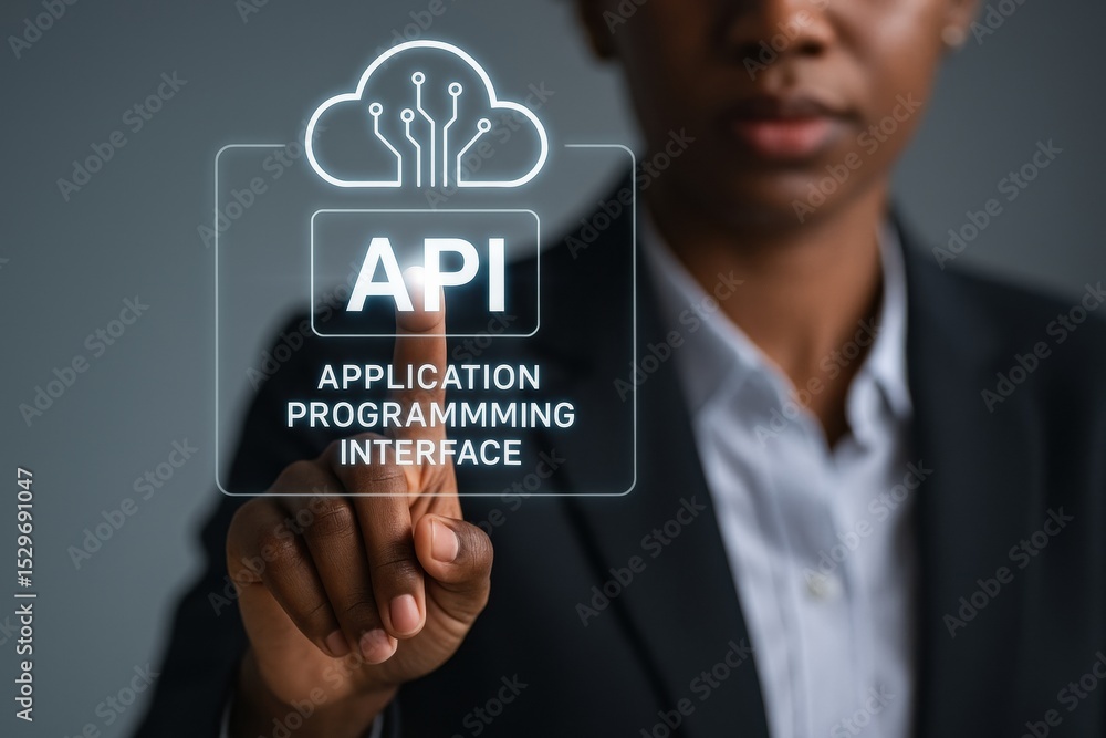 Poster person formal attire interacts with digital interface displaying