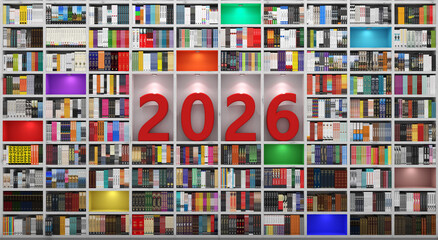 New Year 2026 Creative Design Concept with Book Shelf - 3D Rendered Image	
