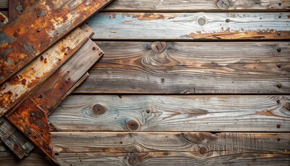 Oxidized metal with flaked surface detail rests atop chalky driftwood planks in a minimal, muted corner vignette.