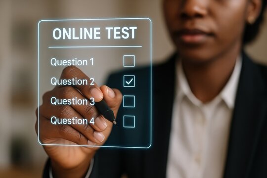 Individual taking online test with digital interface showing - Powered by Adobe