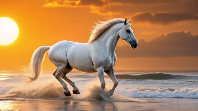 White stallion runs freely along a beach at sunset