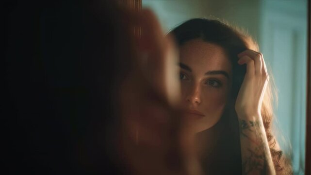 Young woman with long brown wavy hair looking at herself in the mirror and fixing her hair with her hands, getting ready to go out for the evening