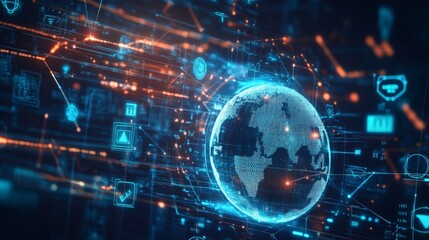 Glowing cybersecurity icons and padlock symbols on a digital globe representing global data protection, network security, and advanced technology infrastructure in a futuristic virtual environment



