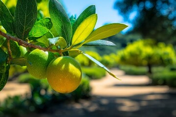 A Breathtaking Close-Up of Sun-Kissed Olives Hanging from Lush Green Branches in a Serene Garden