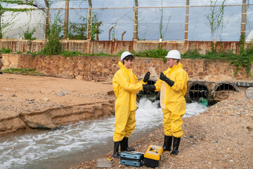 Two men in yellow protective gear are standing in front of a water pipe. One of them is holding a tool. Wastewater testing, Wastewater treatment system, water quality testing