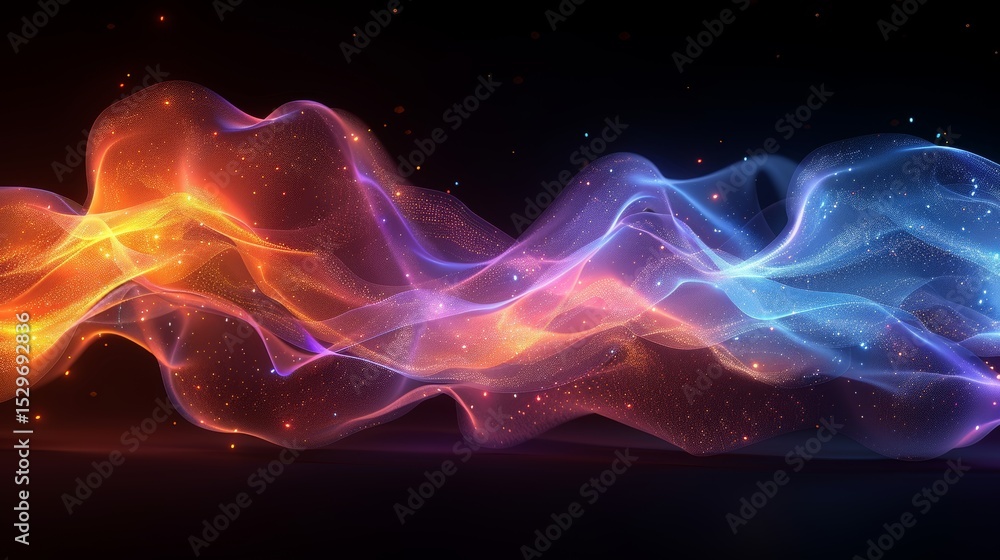 Poster a mesmerizing abstract representation of colorful waves, blending orange and blue hues with a touch 