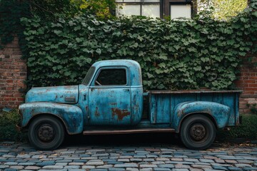 Rustic blue vintage pickup truck parked against a brick wall covered in green ivy.