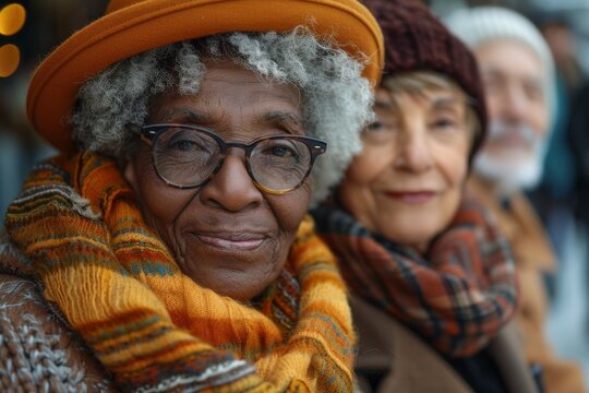 A group of elderly friends, wearing cozy clothing and accessories, share a moment of joy while enjoying each other's company in a vibrant outdoor setting filled with greenery.