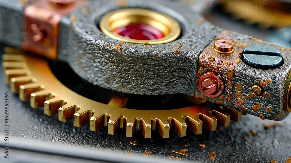 Poster extreme macro view of metallic watch gears and cogs, showcasing intricate mechanical detail and prec