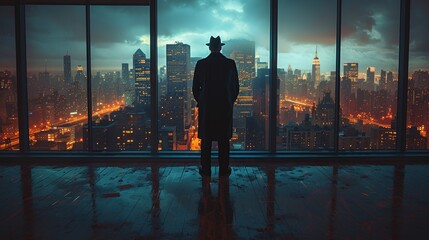 Fototapeta premium A dramatic silhouette of a detective in a trench coat overlooking a vibrant city skyline at night, symbolizing intrigue and mystery with striking low light effects.