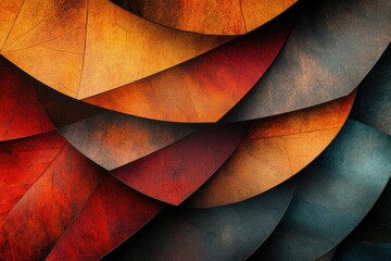 Abstract artwork featuring overlapping, textured layers in autumnal hues of red, orange, and brown.