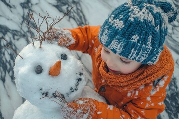 A child in orange winter clothes carefully decorates a snowman with twigs, adding the finishing touches to its cheerful face.