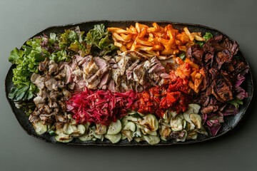 A vibrant platter featuring grilled meats, roasted vegetables, pickled items, and fries, arranged in a visually appealing manner.