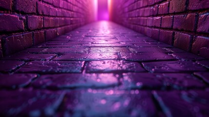 An atmospheric view of a narrow alleyway illuminated by vibrant neon lights, creating an edgy urban vibe with rich textures and a sense of mystery in the night.