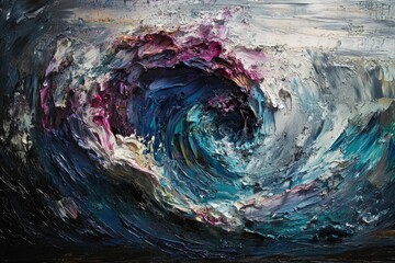 A swirling vortex of teal, purple, and grey paints depicts a powerful ocean wave.