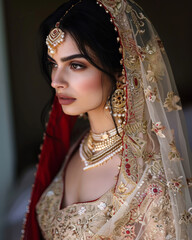 Elegant Indian bride in traditional gold and red wedding attire with intricate embroidery and jewelry
