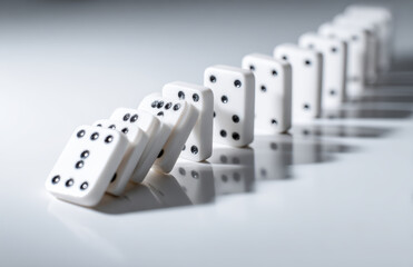Dominoes falling in line on reflective surface, creating dynamic and engaging visual effect
