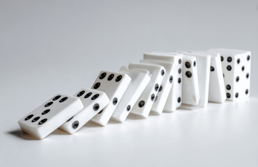 Dominoes falling in line on white surface, illustrating domino effect
