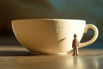A miniature figure stands beside an oversized ceramic mug, bathed in sunlight, creating a captivating contrast of scale and light.