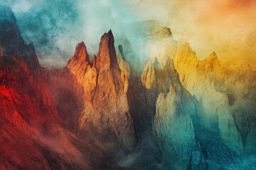 Majestic, colorful mountain peaks shrouded in mist, a breathtaking landscape of vibrant hues and dramatic texture.