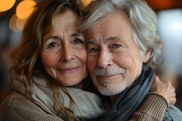 A heartwarming photo of an elderly couple embracing joyfully, showcasing love and companionship, representing the beauty of strong relationships and the warmth of human connection in life.