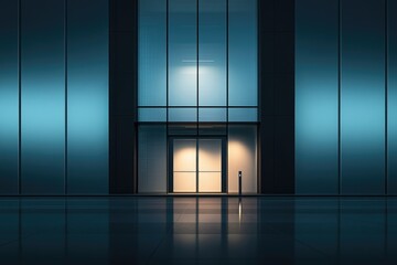 Modern glass building entrance at night, illuminated with soft light, showcasing sleek design and architectural details.