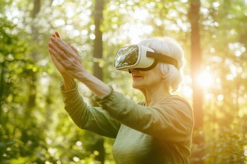 Senior woman in a forest using VR headset, experiencing immersive nature.