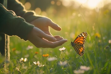 Gentle hands outstretched in a sunlit meadow, a monarch butterfly approaches.