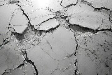 A grayscale image showing a cracked, dry surface, possibly earth or concrete, depicting drought or destruction.