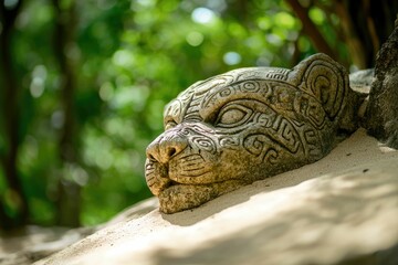 Intricate stone carving of a jaguar's head, nestled in sand, with a lush green backdrop.