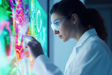 A scientist examines complex data visualizations on a large screen, analyzing intricate patterns and insights.