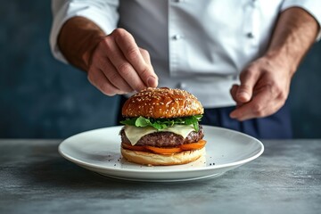A chef carefully places a gourmet burger on a plate, showcasing its juicy patty, melted cheese, and fresh toppings.